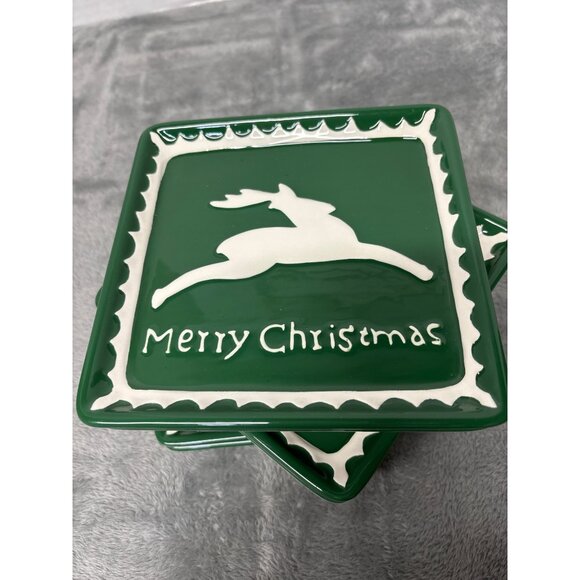 Ceramic Green Square Dessert Plate Reindeer Merry Christmas Holiday Rudolph - 6 - Picture 4 of 5